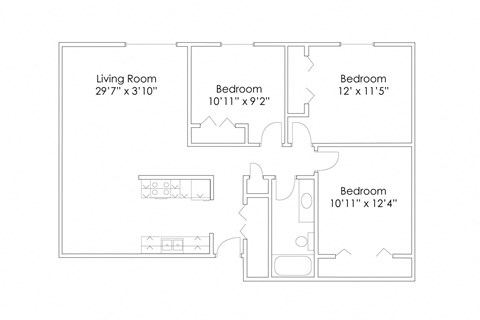 Floor plan for 3 beds, 1 bath, 1090 sqft